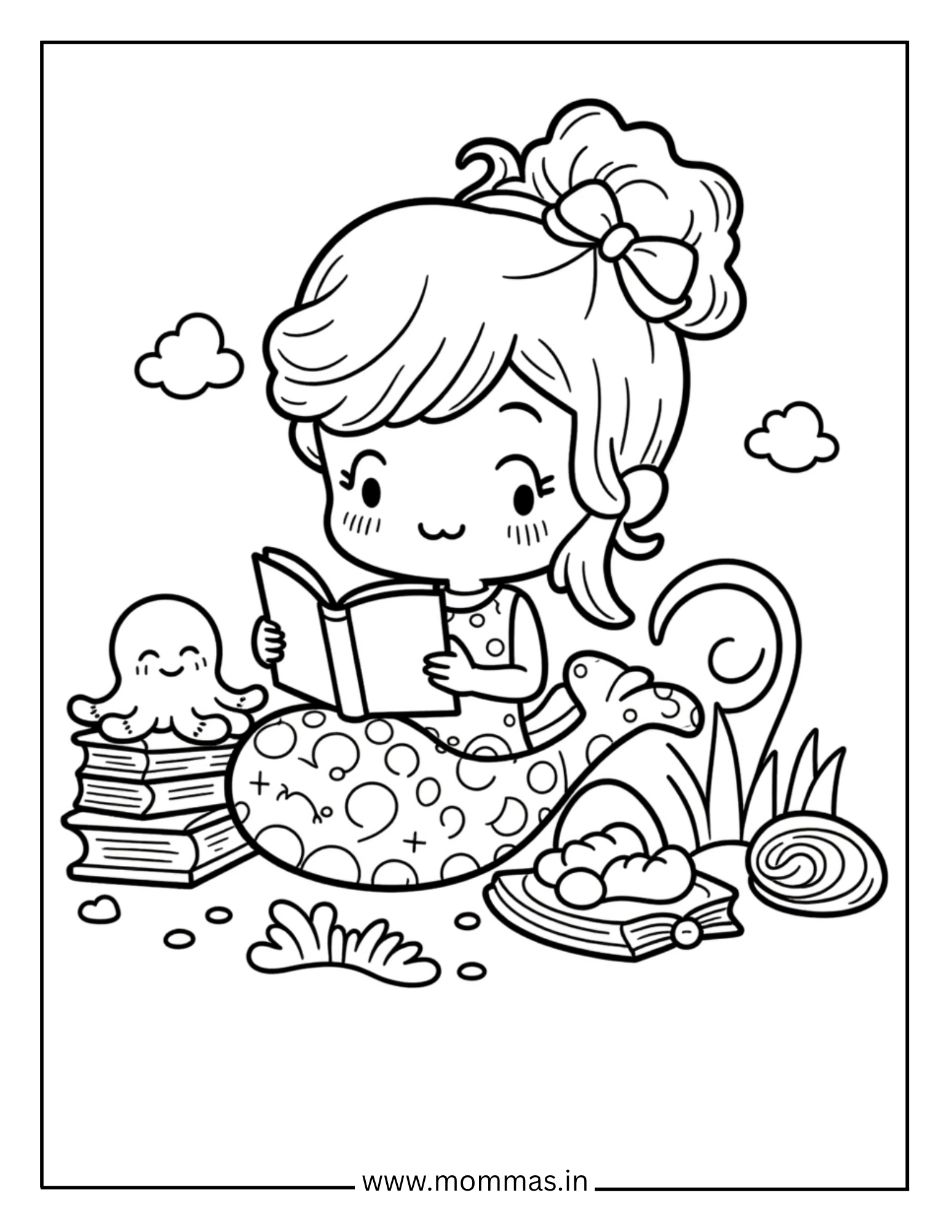 Educational mermaid coloring pages showing mermaid reading book with octopus and shells for literacy themes