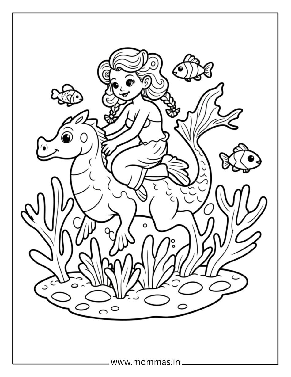 Adventure mermaid coloring pages showing mermaid riding seahorse with fish friends and coral reef for underwater fun