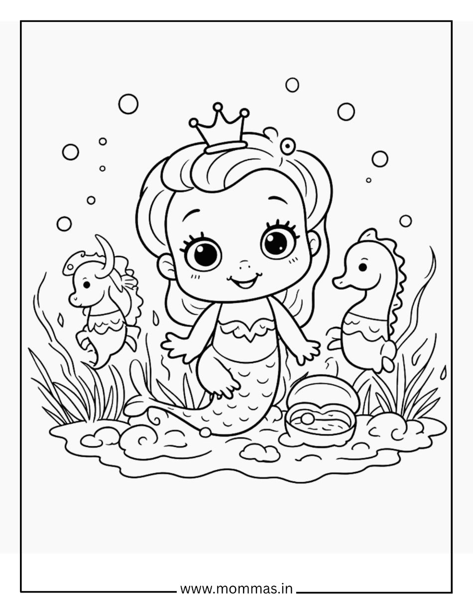 Royal mermaid coloring pages featuring princess mermaid with crown and seahorse friends for underwater royalty themes