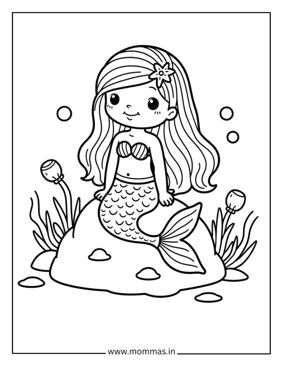 Peaceful mermaid coloring pages featuring calm mermaid in seaweed garden with bubbles for meditation themes
