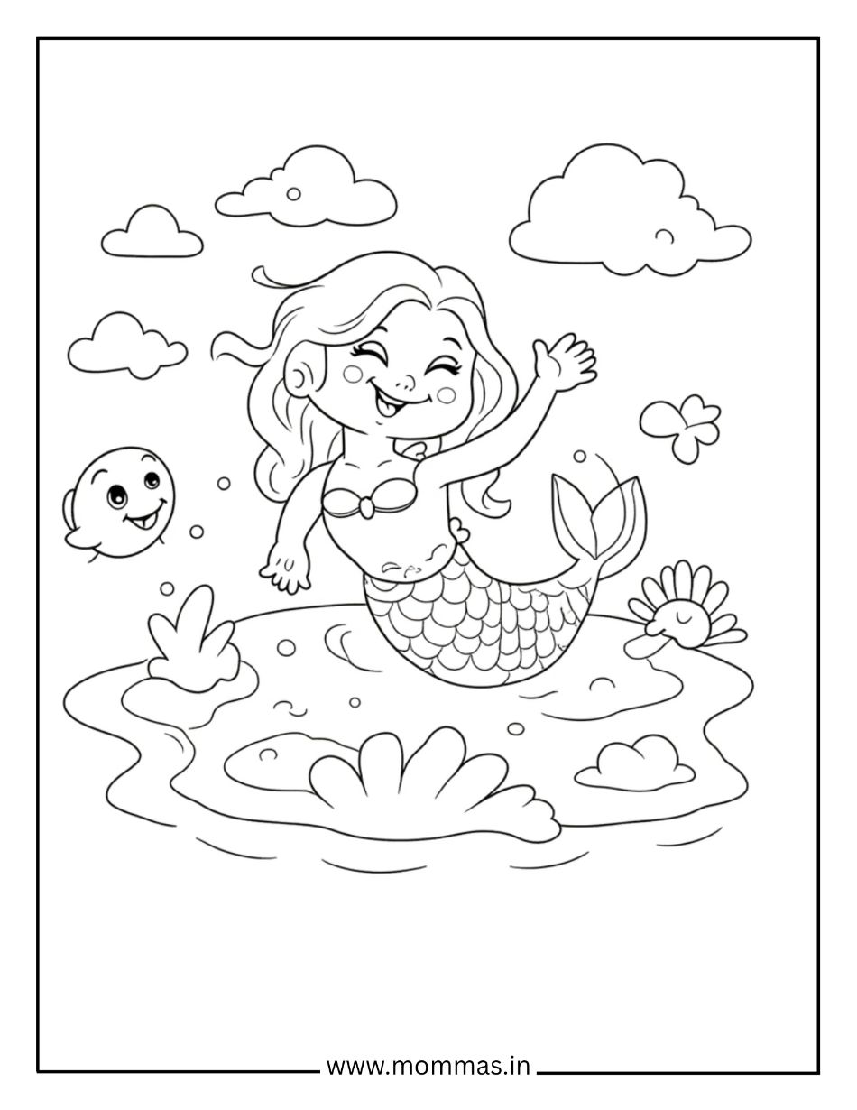 Playful mermaid coloring pages featuring swimming mermaid with fish friends and underwater plants for water fun