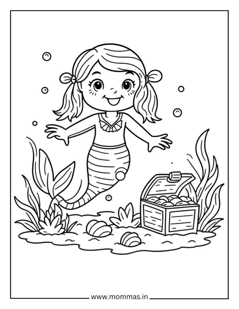Treasure mermaid coloring pages showing young mermaid with treasure chest, pearls and shells for adventure themes