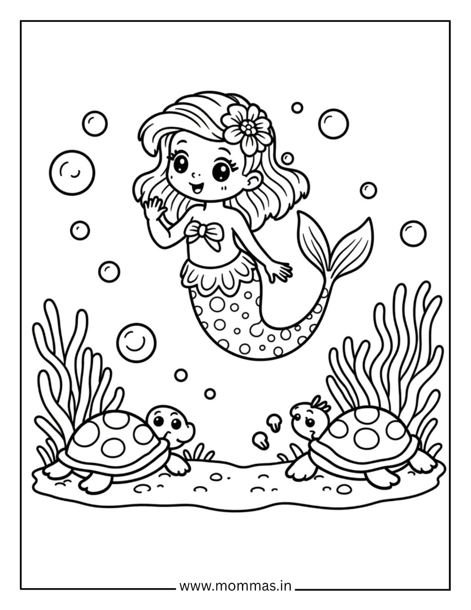 Friendly mermaid coloring pages showing waving mermaid with sea turtle friends and bubbles for ocean friendship themes