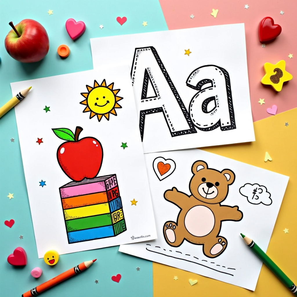 Preschool coloring sheet with simple shapes and pencil grip guidance