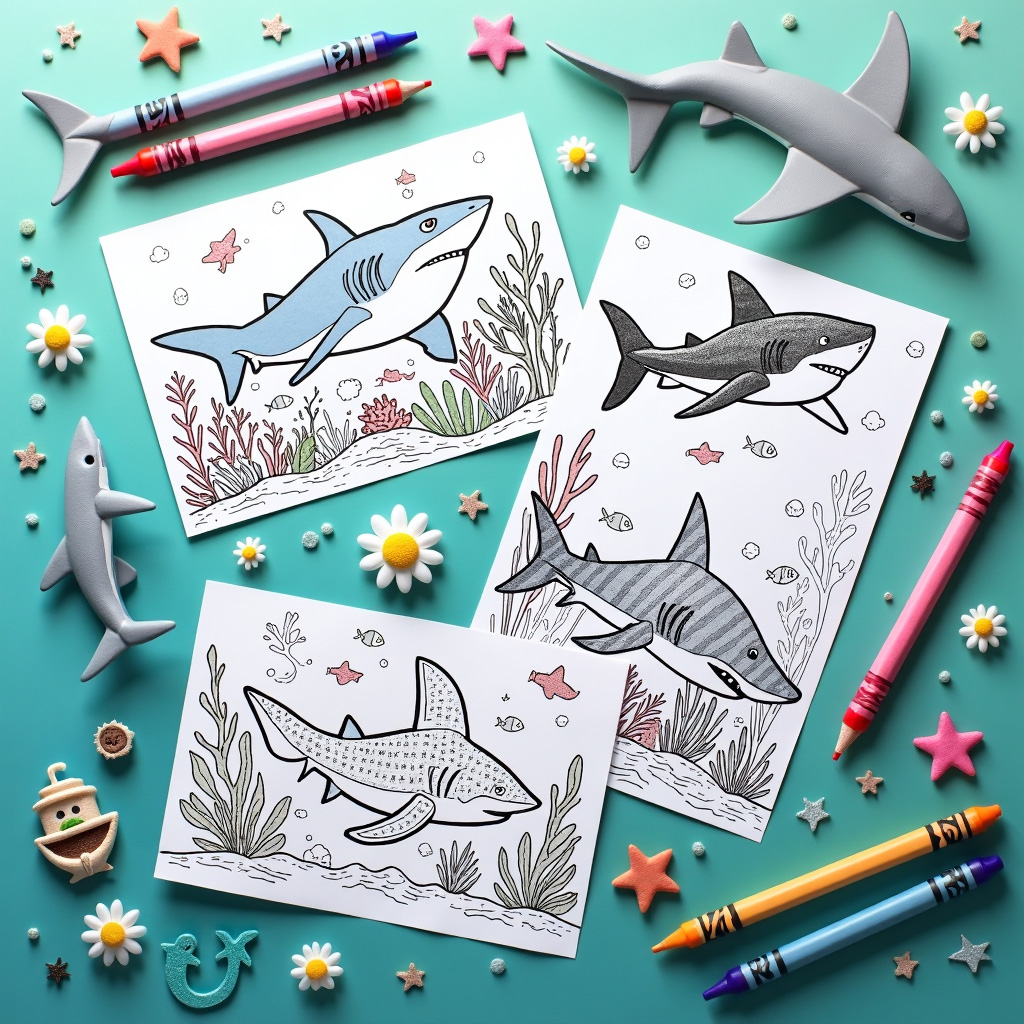 Shark coloring sheet with hidden biology puzzles in fin patterns