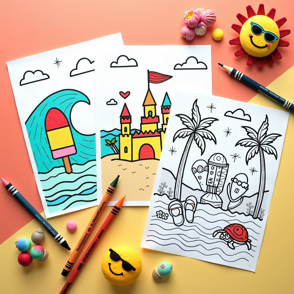 Summer coloring sheet with hidden shape puzzles in beach umbrella patterns