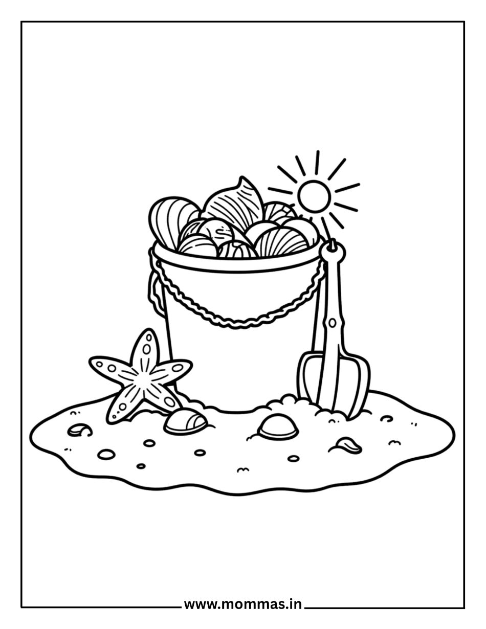 Beautiful summer coloring pages featuring beach bucket with seashells, shovel and starfish on sand for beach exploration