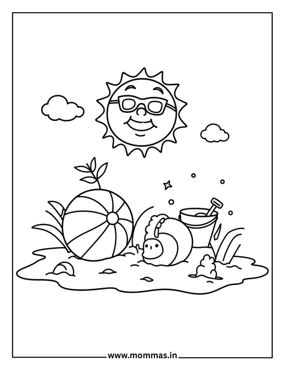 Fun summer coloring pages featuring sun with glasses, beach ball, crab and sand toys for beach day themes