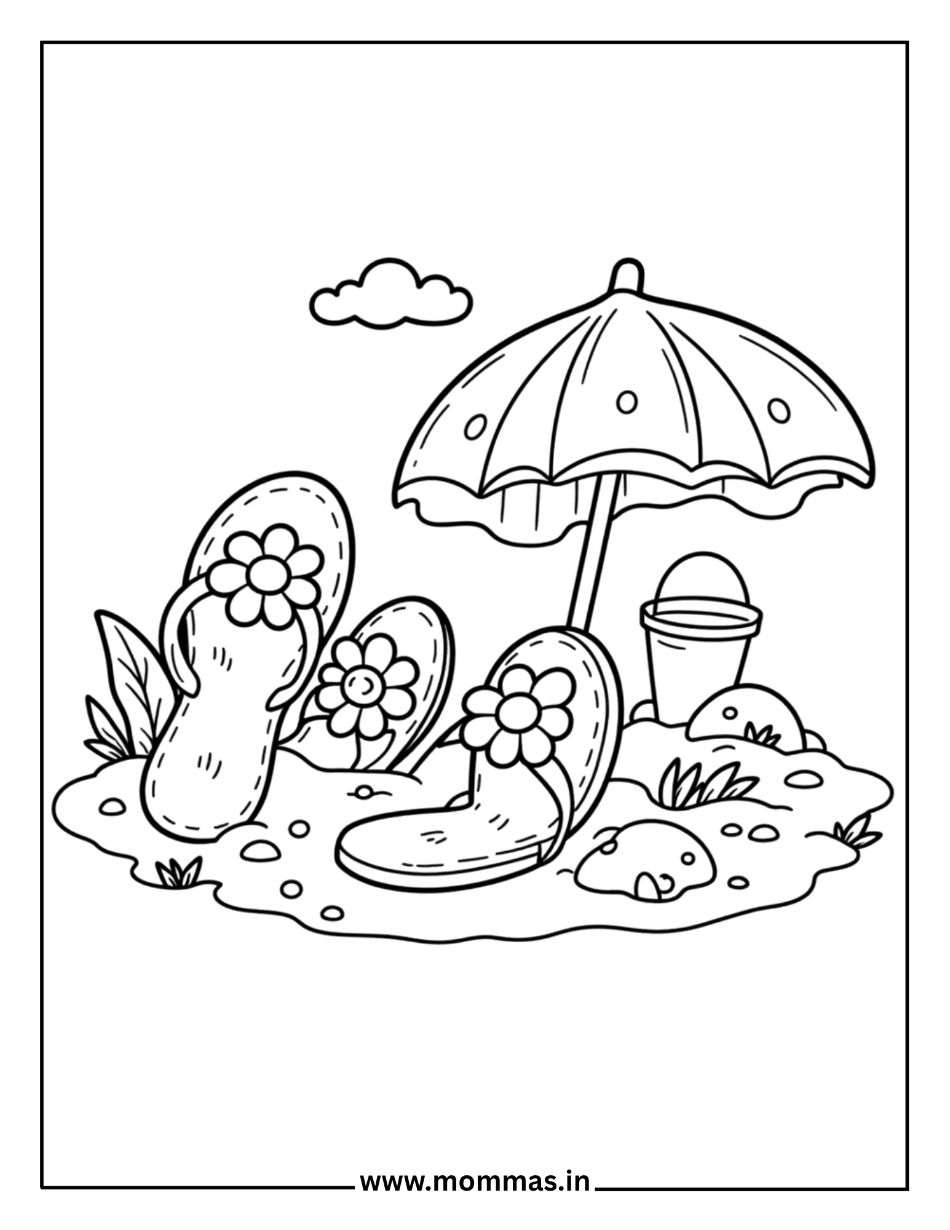 Beautiful summer coloring pages featuring flip-flops with flowers, beach umbrella and bucket for vacation themes