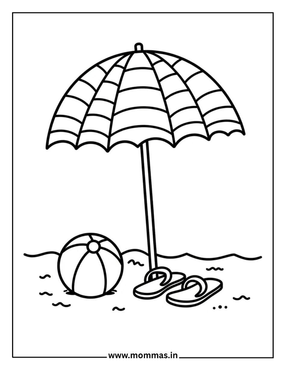 Traditional summer coloring pages featuring beach umbrella with ball and flip-flops for classic beach themes