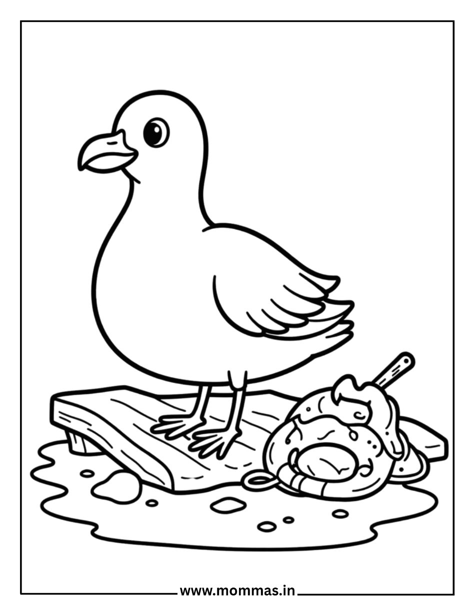 Printable summer coloring pages featuring duck on dock with rubber duckie in water for summer swimming themes