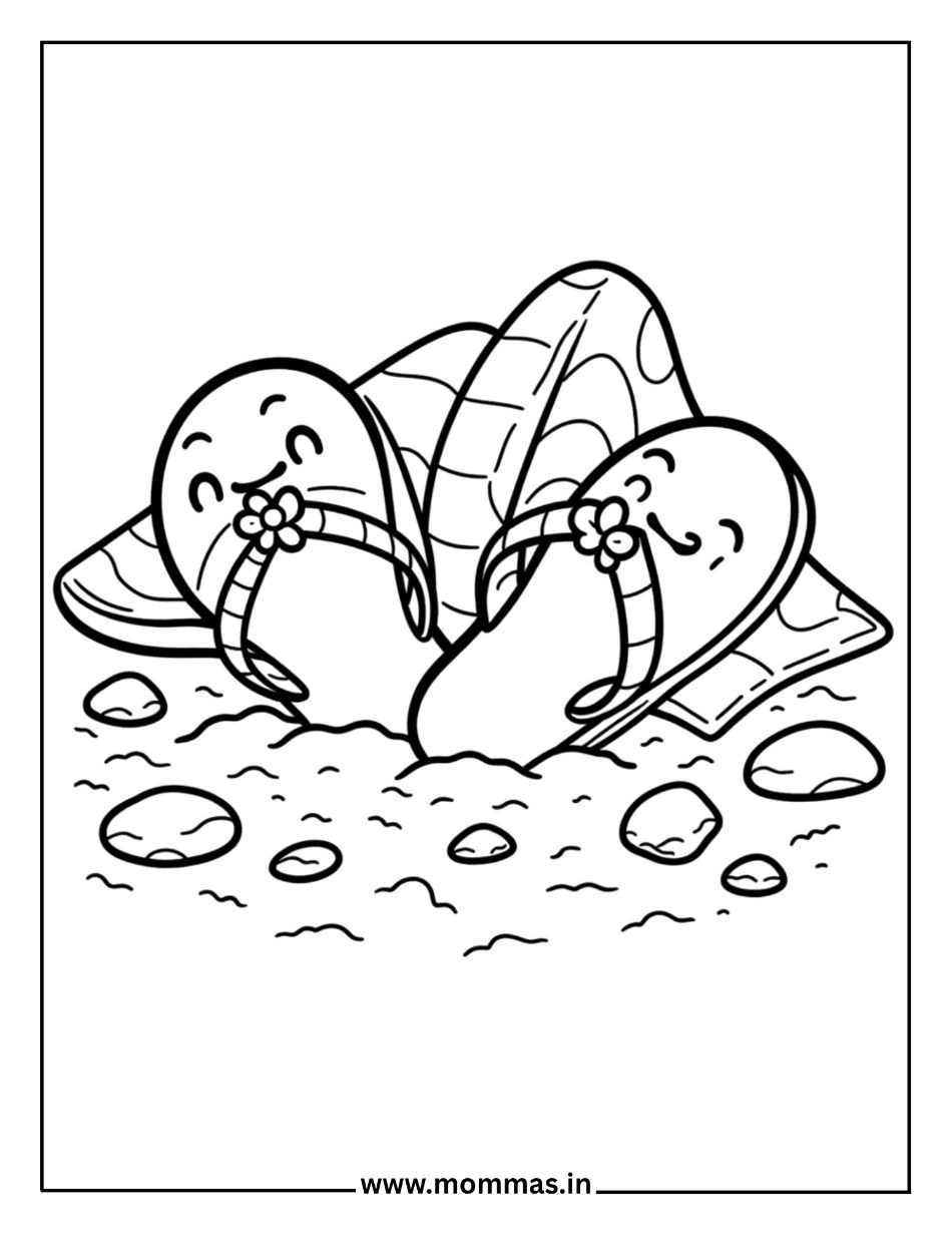 Beautiful summer coloring pages featuring decorated flip-flops with flowers on beach sand for vacation themes