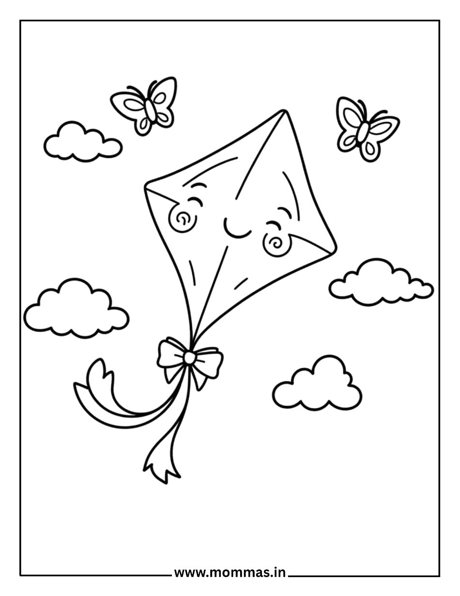 Fun summer coloring pages featuring flying kite with face, clouds and butterflies for outdoor adventure themes