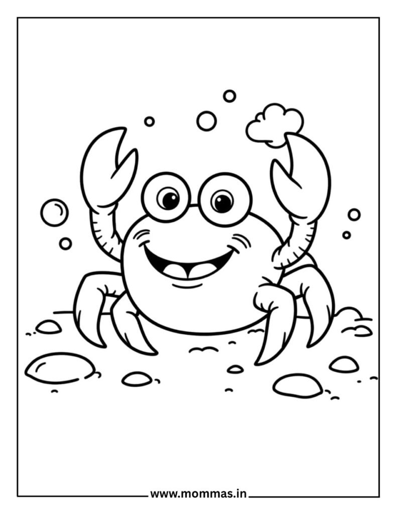 Printable summer coloring pages featuring happy crab with big eyes and bubbles for beach and ocean exploration fun