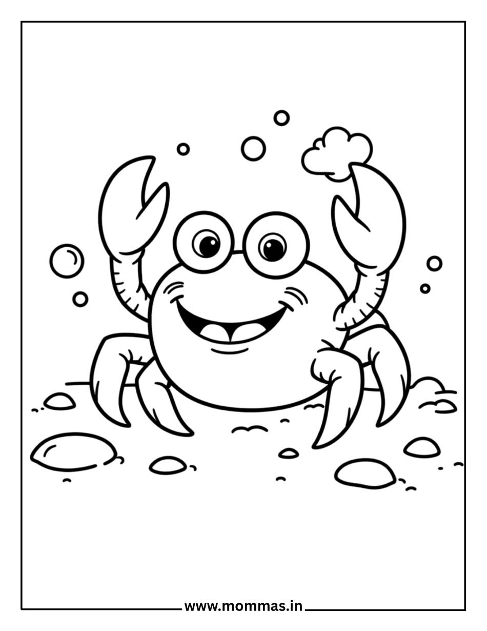 Printable summer coloring pages featuring happy crab with big eyes and bubbles for beach and ocean exploration fun