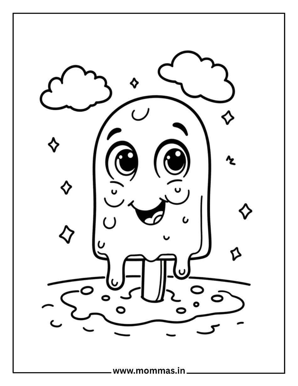 Sweet summer coloring pages featuring happy popsicle with wooden stick, clouds and stars for cool treat themes