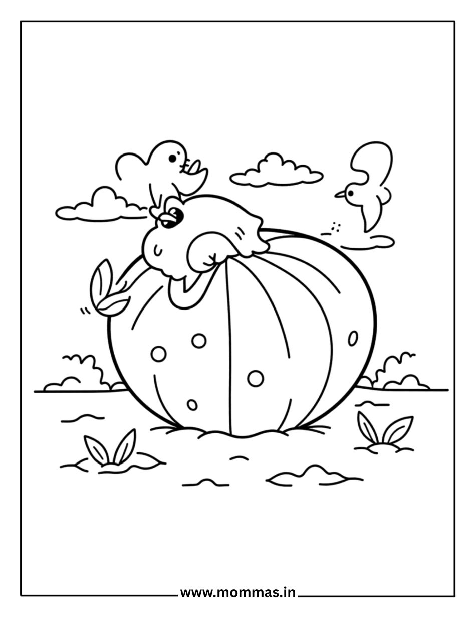 Cute summer coloring pages featuring happy hippo on pumpkin with birds and clouds for whimsical fun themes
