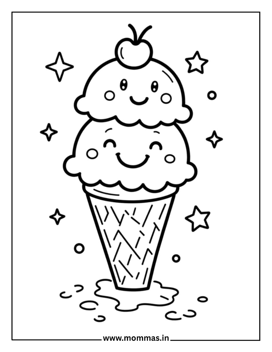 Sweet summer coloring pages featuring happy ice cream cone with cherry, waffle cone and stars for treat themes