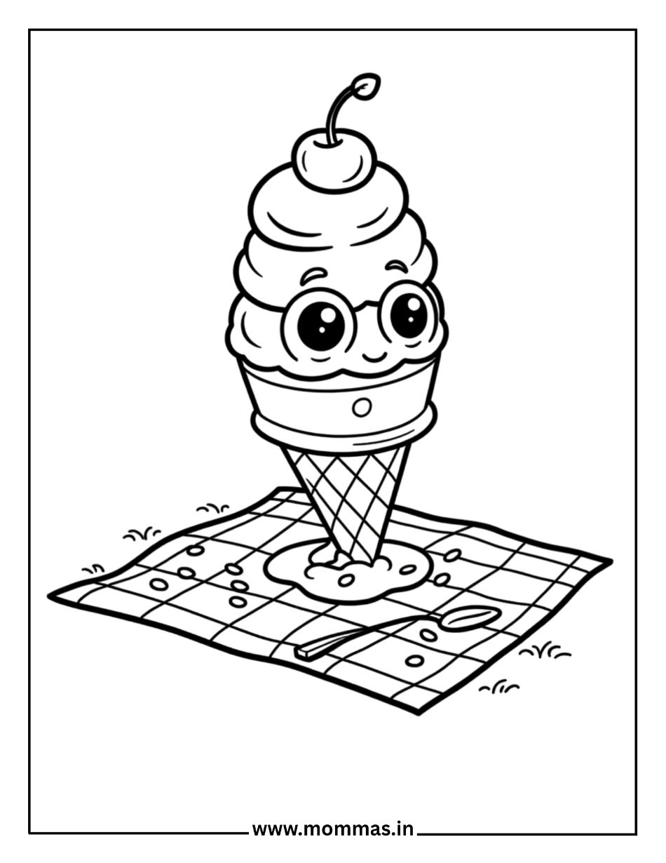 Sweet summer coloring pages featuring ice cream cone with cherry on picnic blanket for treat themes
