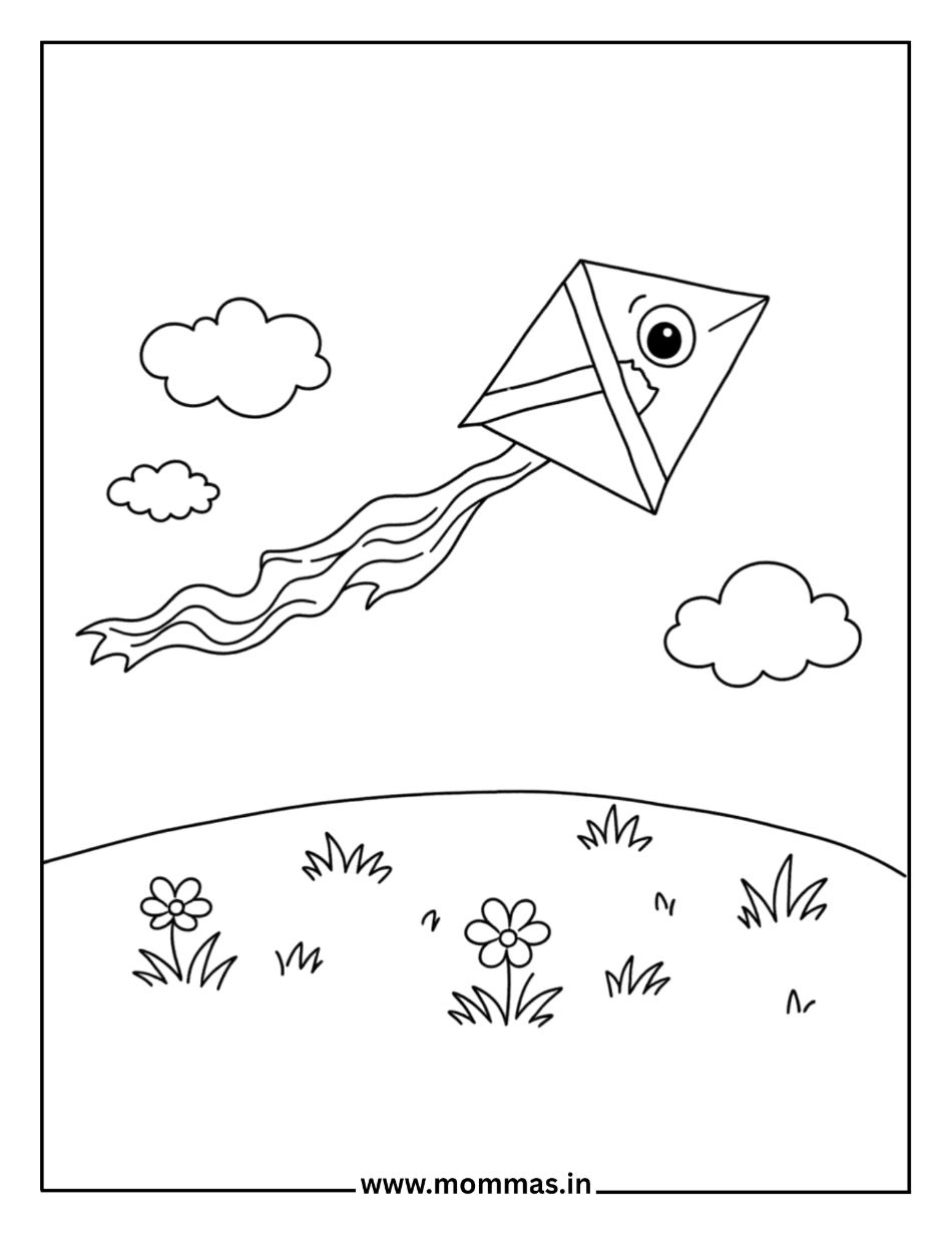 Fun summer coloring pages featuring flying kite with eye over flower field and clouds for outdoor activity themes