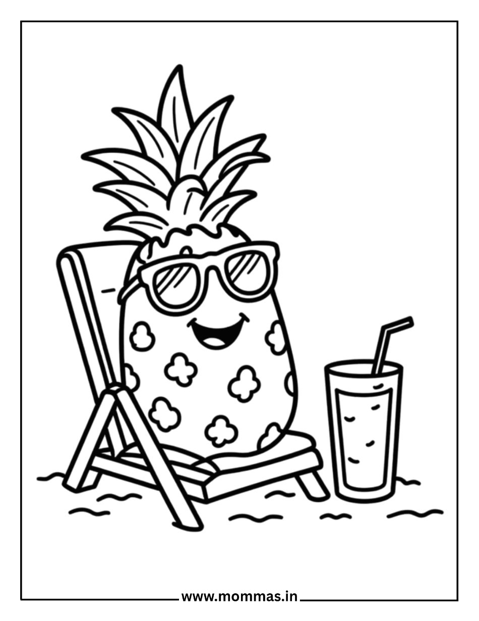 Fun summer coloring pages featuring pineapple with sunglasses in beach chair with drink for vacation themes