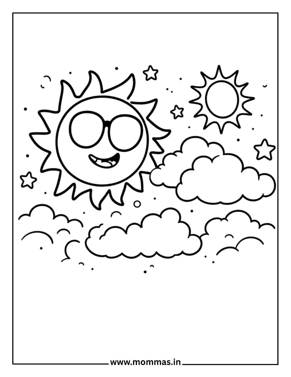 Fun summer coloring pages featuring sun with sunglasses, clouds and stars for sunny weather celebration themes