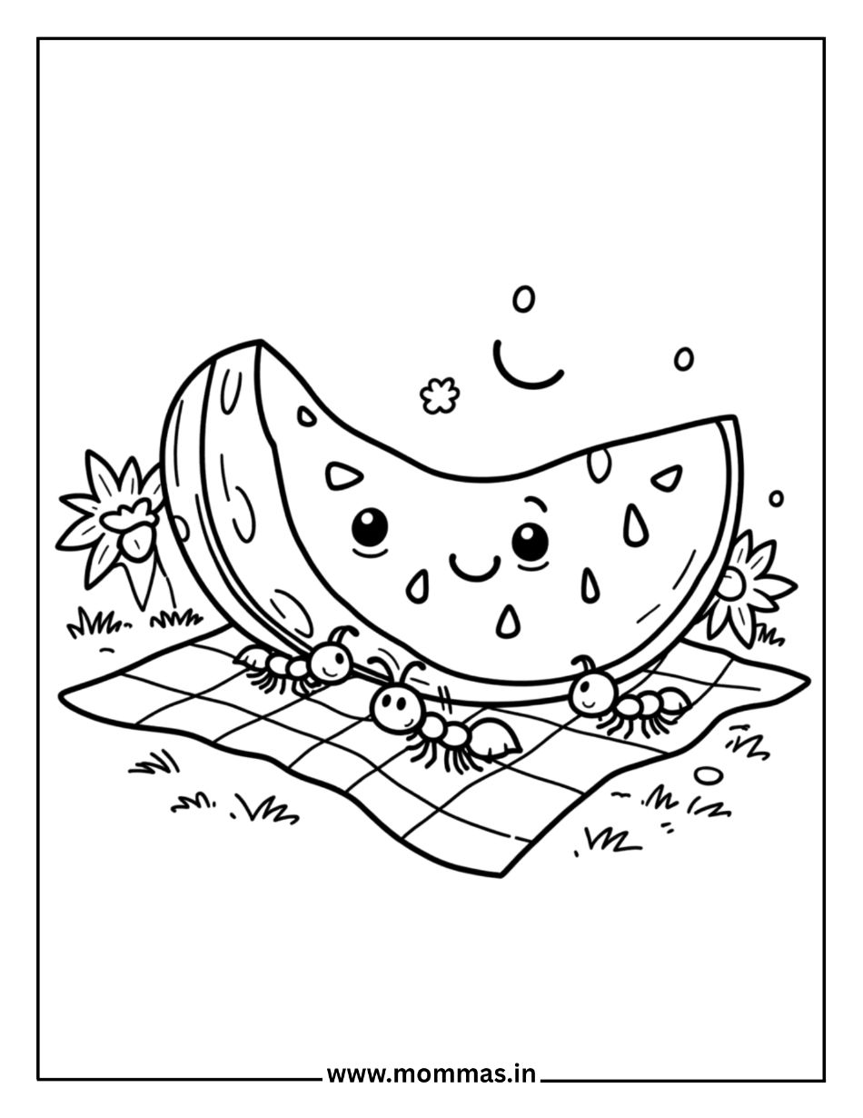 Fun summer coloring pages featuring watermelon on picnic blanket with ants and flowers for outdoor picnic themes