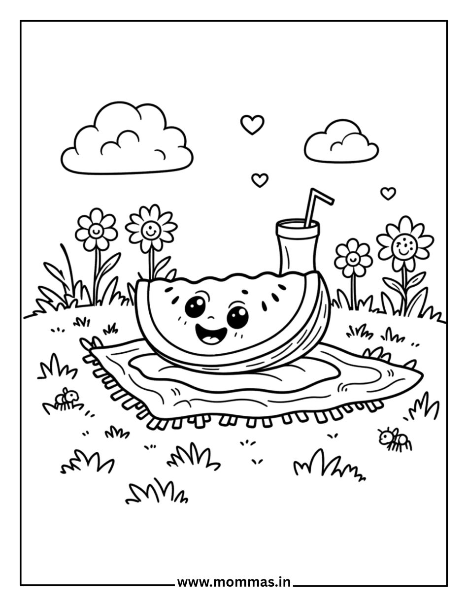 Printable summer coloring pages featuring happy watermelon with straw on picnic blanket with flowers and bee for outdoor fun