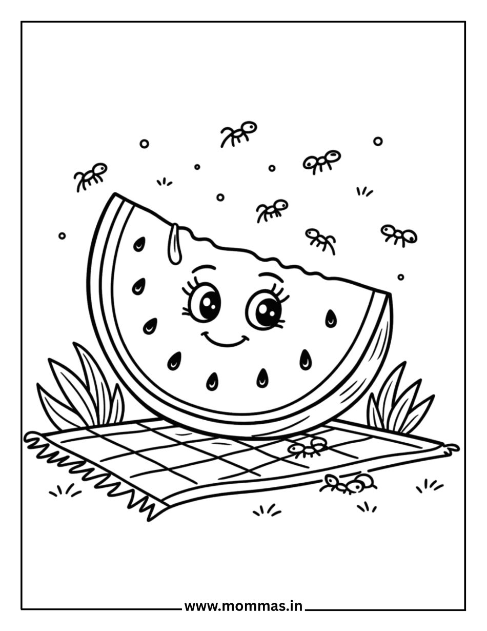 Printable summer coloring pages featuring happy watermelon on picnic blanket with ants for outdoor fun themes