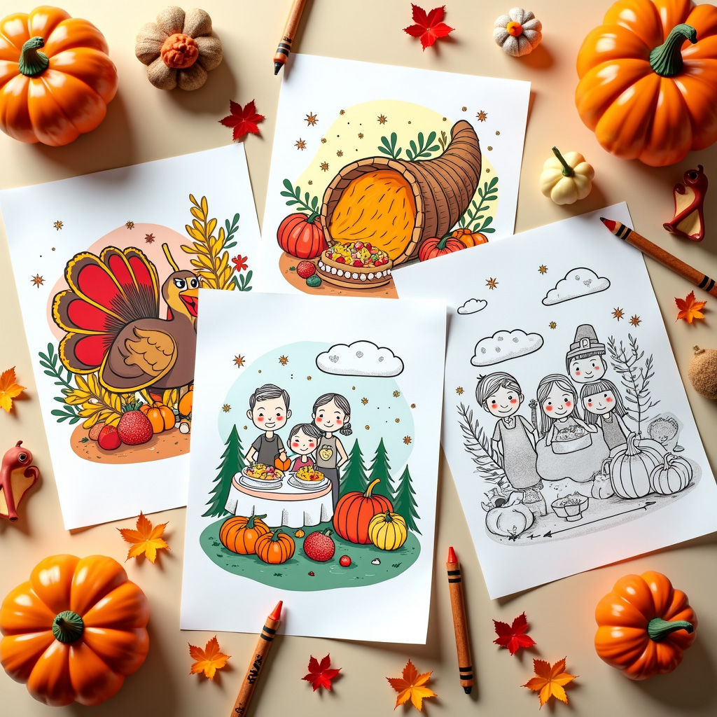 Thanksgiving coloring sheet with hidden shape puzzles in pumpkin patterns