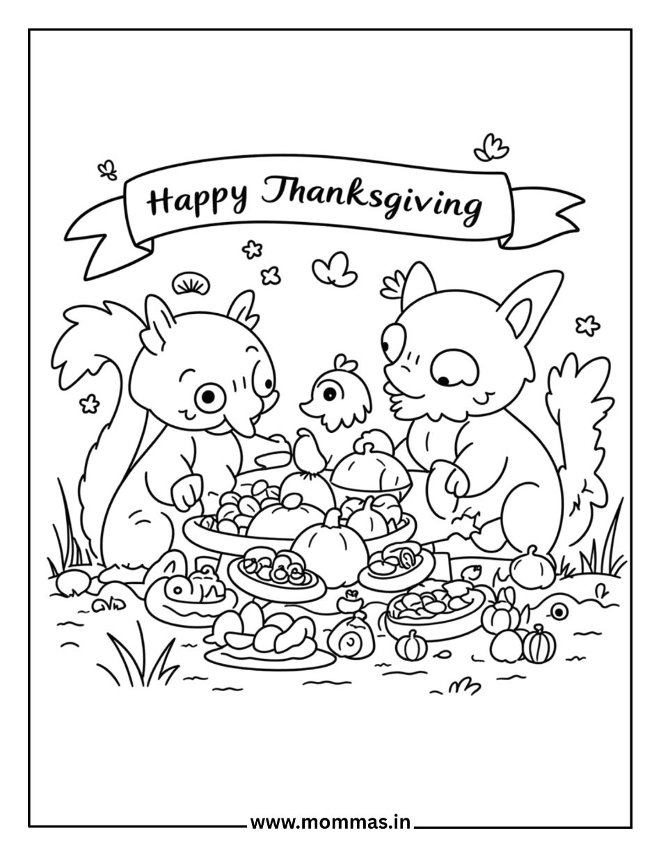 Printable Thanksgiving coloring pages featuring woodland animals feast with banner, food plates and pumpkins for gratitude fun