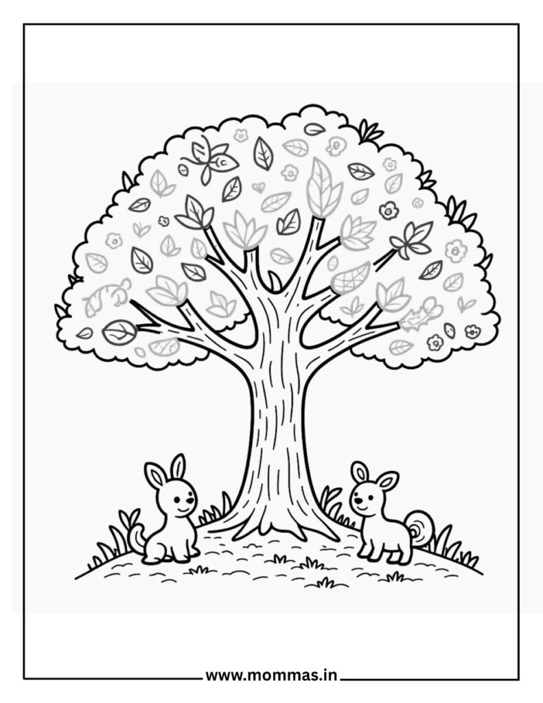 Peaceful Thanksgiving coloring pages featuring autumn tree with falling leaves and rabbit friends for seasonal nature fun
