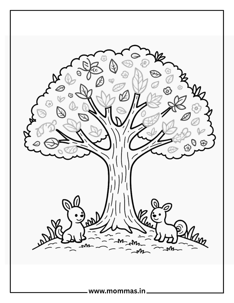 Peaceful Thanksgiving coloring pages featuring autumn tree with falling leaves and rabbit friends for seasonal nature fun