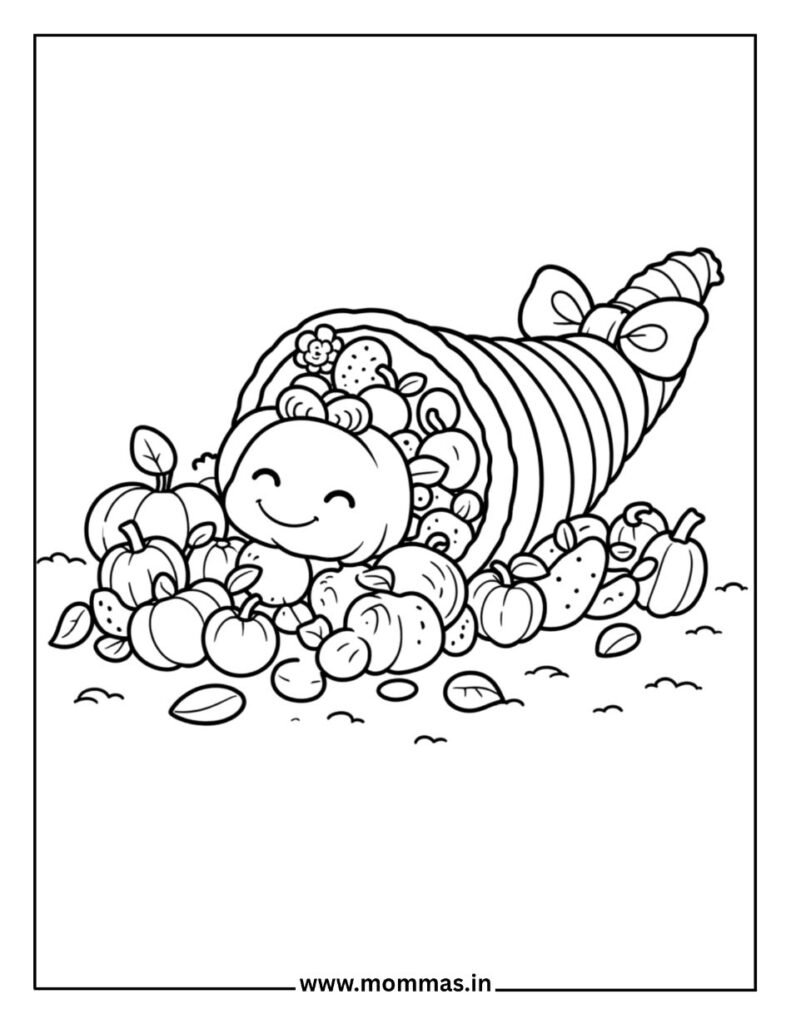 Beautiful Thanksgiving coloring pages featuring cornucopia horn with fruits, vegetables and pumpkins for abundance themes
