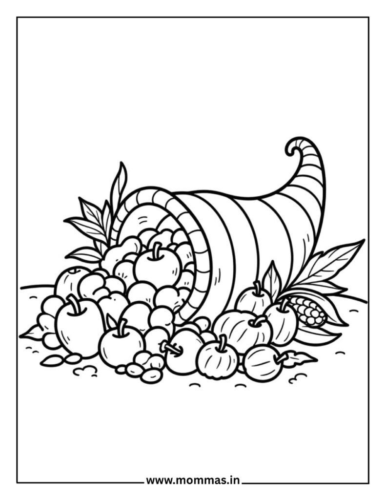 Beautiful Thanksgiving coloring pages featuring cornucopia horn of plenty with fruits and vegetables for abundance themes