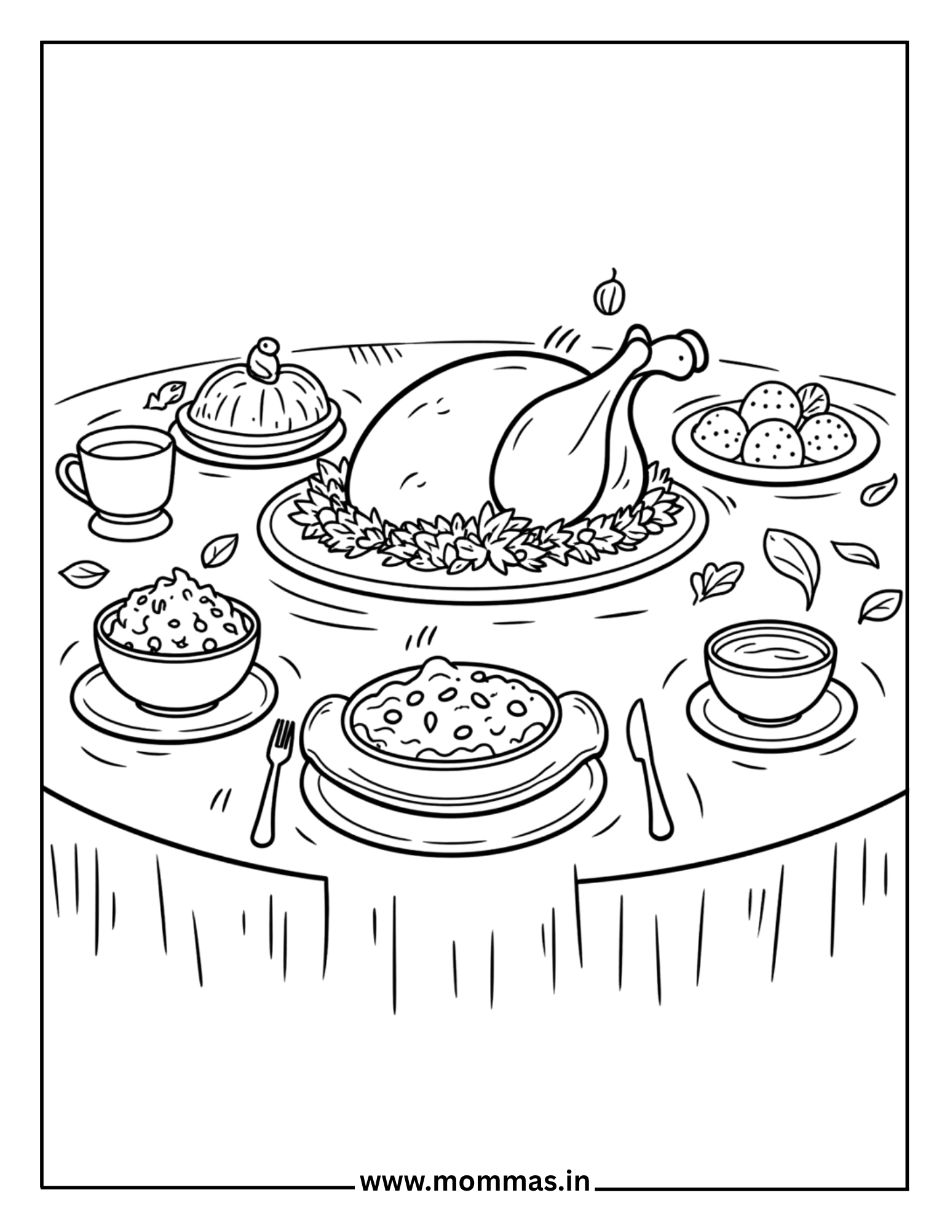 Beautiful Thanksgiving coloring pages showing dinner table with turkey, dishes and autumn leaves for feast celebration
