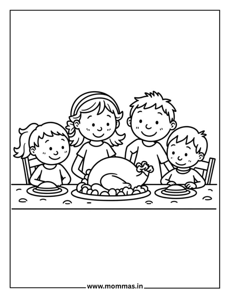 Heartwarming Thanksgiving coloring pages showing family dinner table with children and turkey for gratitude themes