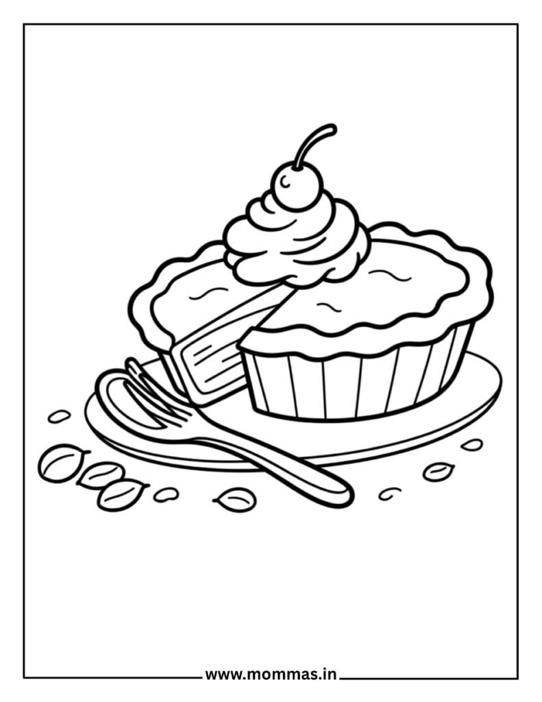 Printable Thanksgiving coloring pages featuring pie slice with whipped cream and fork for holiday dessert themes