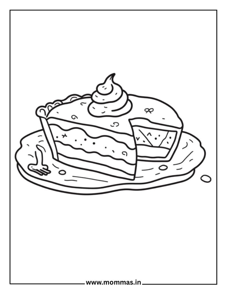 Sweet Thanksgiving coloring pages featuring pie slice with whipped cream on plate for holiday dessert celebration