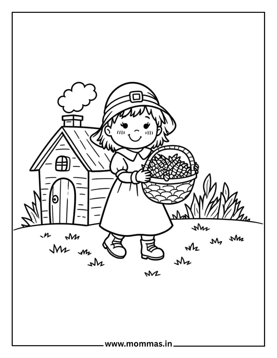 Traditional Thanksgiving coloring pages featuring pilgrim girl with basket and house for American history themes