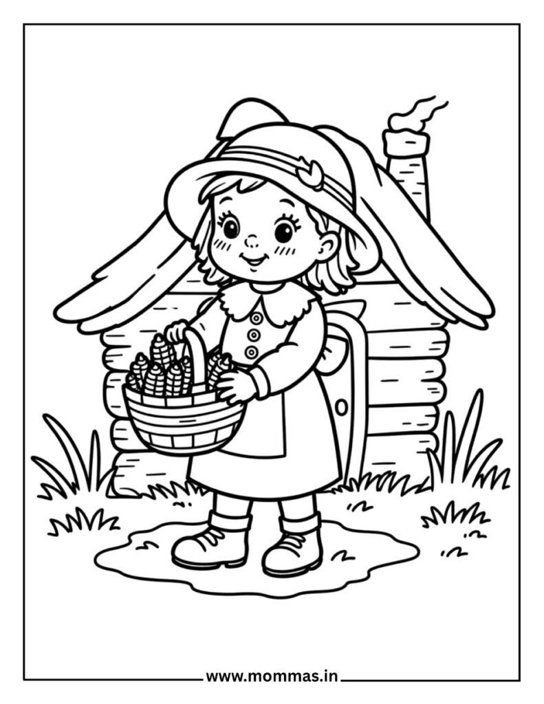 Traditional Thanksgiving coloring pages featuring pilgrim girl with bonnet holding corn basket for historical themes
