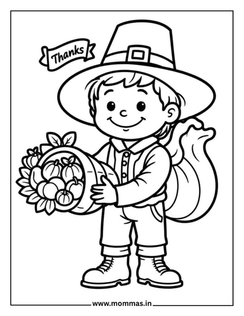 Printable Thanksgiving coloring pages featuring pilgrim boy with thanks banner and cornucopia for gratitude learning