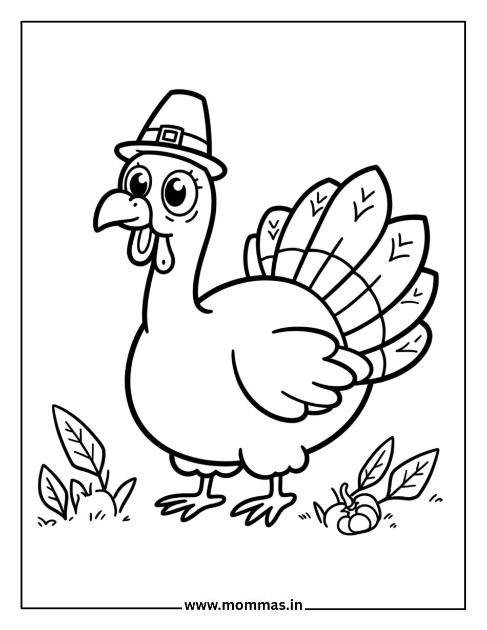 Printable Thanksgiving coloring pages featuring turkey with pilgrim hat and autumn leaves for harvest celebration fun