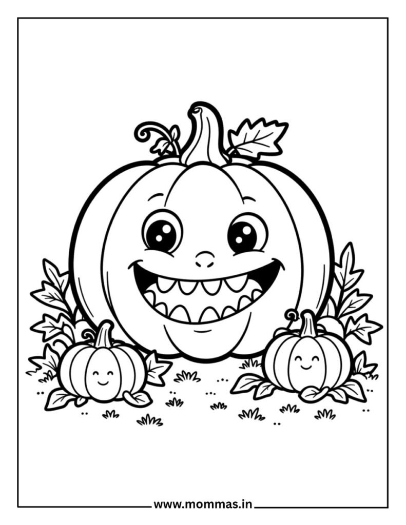 Printable Thanksgiving coloring pages featuring happy pumpkin family with baby pumpkins and autumn leaves for harvest fun