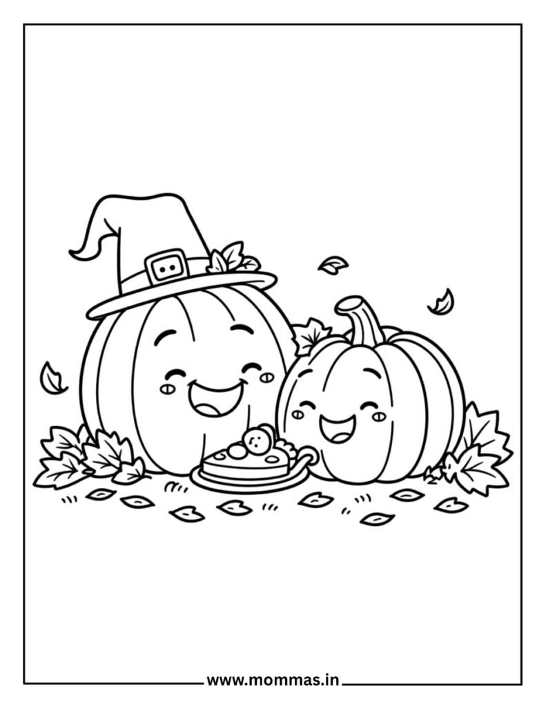 Festive Thanksgiving coloring pages showing pumpkins with pilgrim hats, autumn leaves and pie for harvest celebration