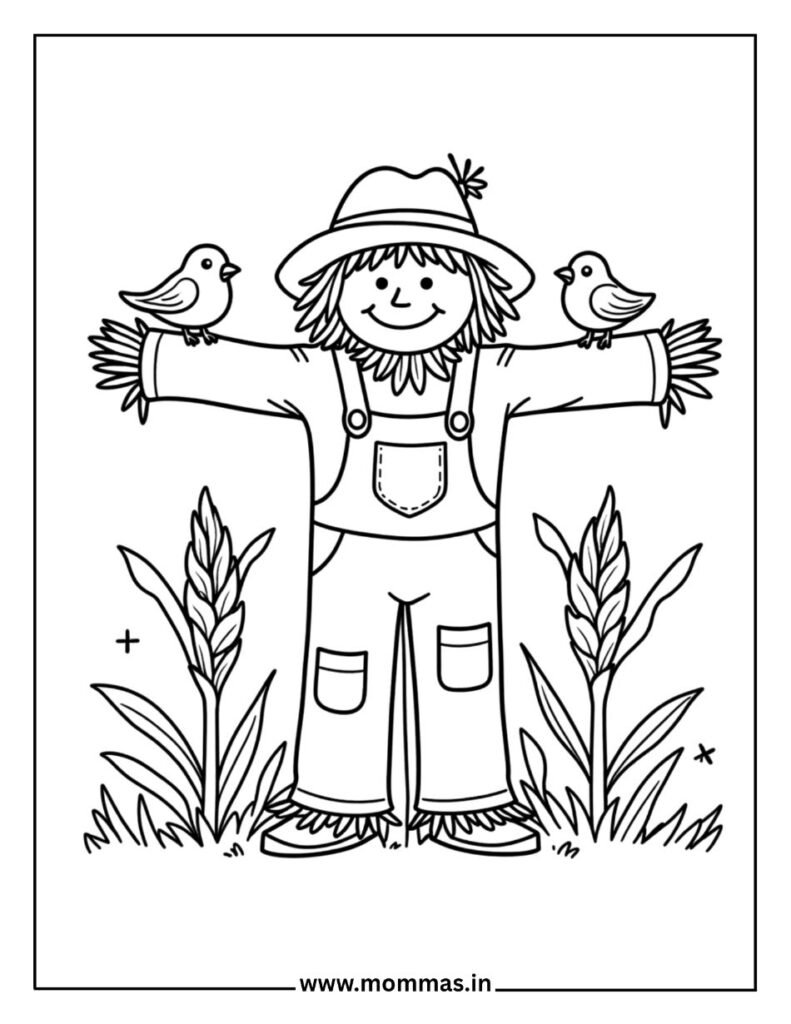 Traditional Thanksgiving coloring pages featuring friendly scarecrow with birds and wheat stalks for farm harvest themes
