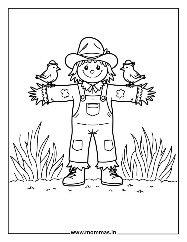 Traditional Thanksgiving coloring pages featuring friendly scarecrow with birds on arms and grass for farm themes