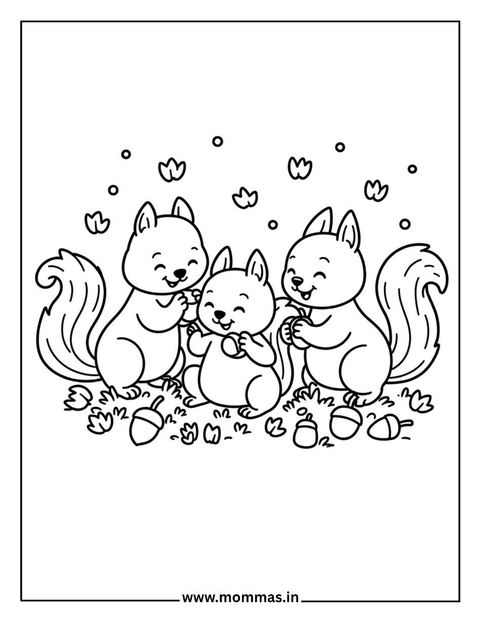Cute Thanksgiving coloring pages featuring squirrel family with acorns and flowers for woodland harvest themes