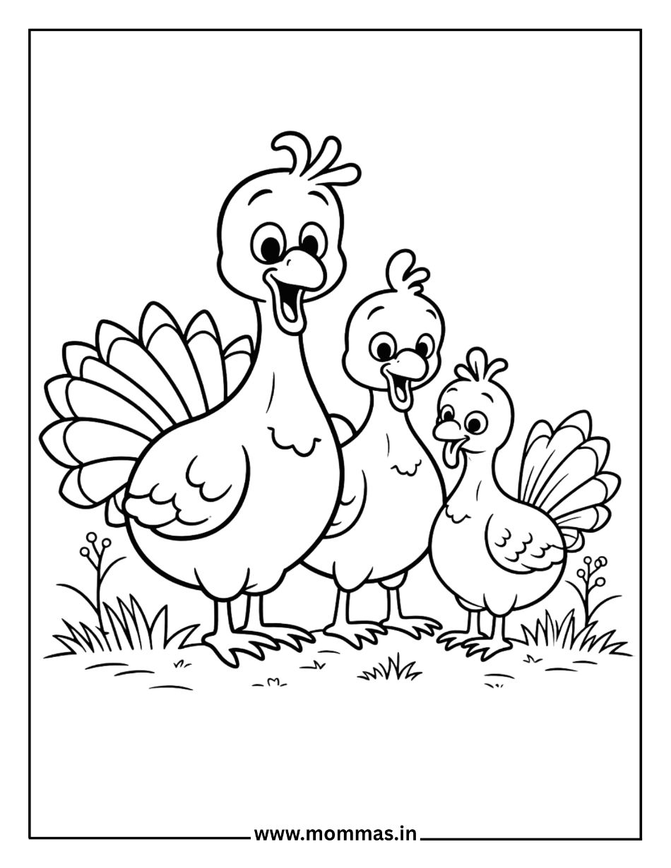 Cute Thanksgiving coloring pages featuring turkey family with babies in meadow for wildlife appreciation themes