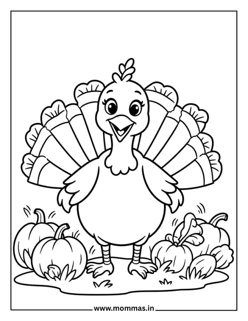 Festive Thanksgiving coloring pages featuring happy turkey with spread feathers and pumpkins for harvest celebration fun